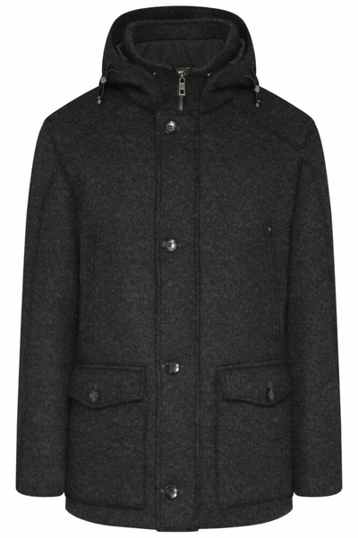 Tummanharmaa hupullinen villakangastakki